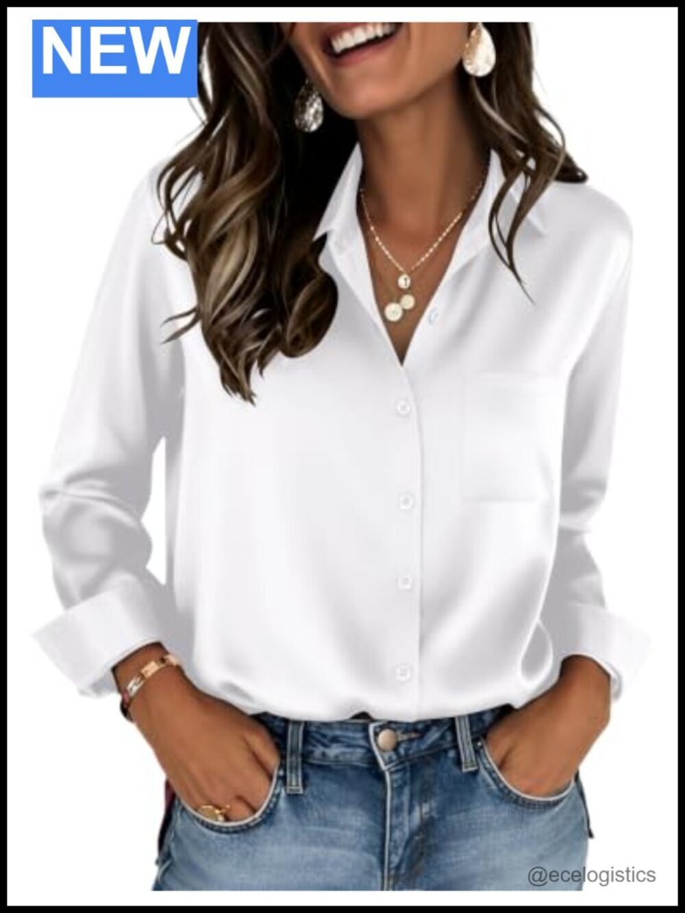 Womens Satin Blouse Long Sleeve V Neck Button Down Dressy Casual Workwear with